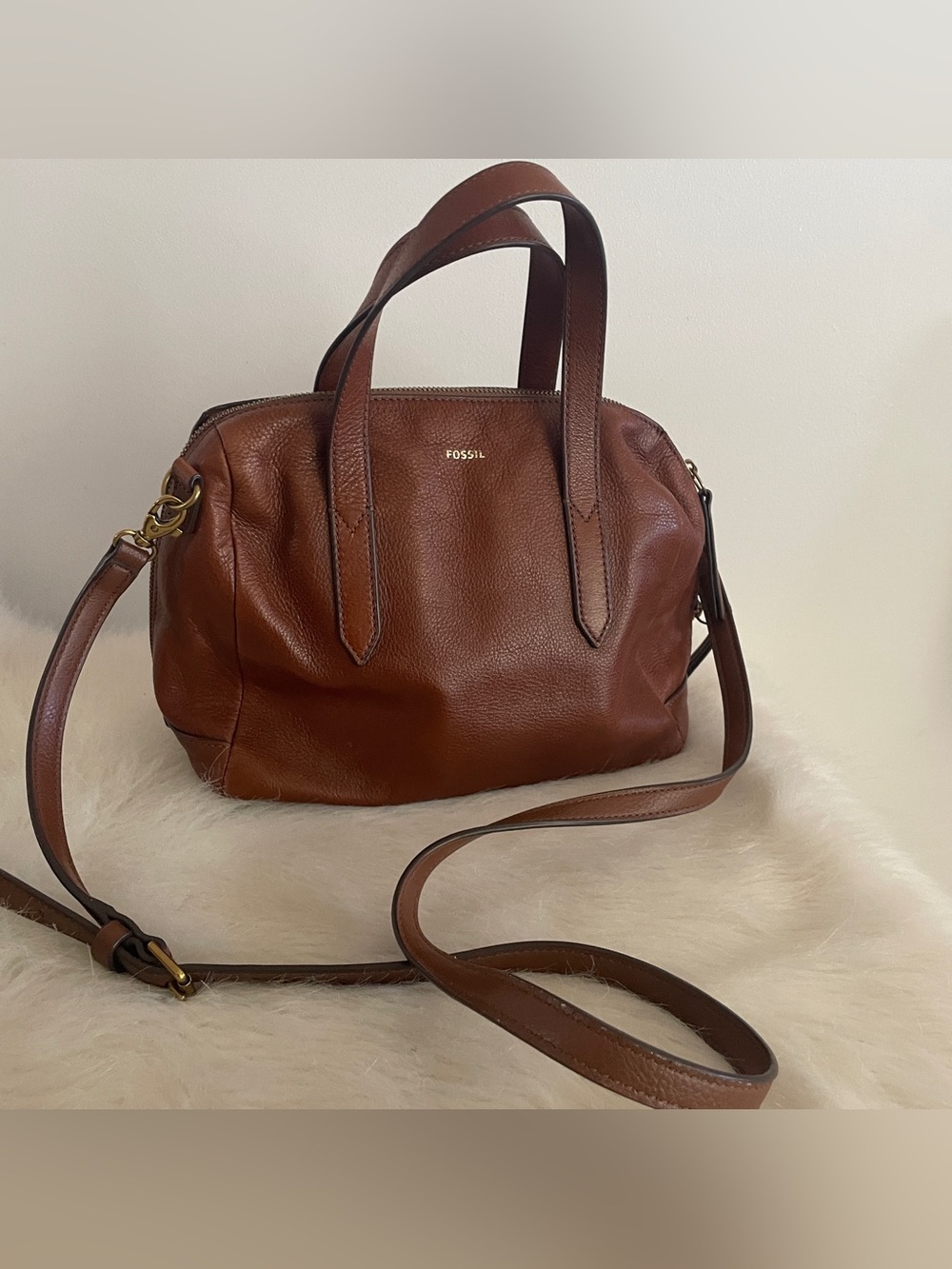 Fossil Chestnut Brown Pebbled Leather Crossbody Satchel Sydney